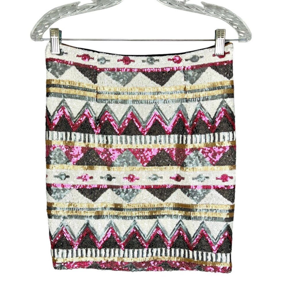 Chelsea Violet Womens Sequin Chevron Mini Skirt Pink Silver Gray size Small